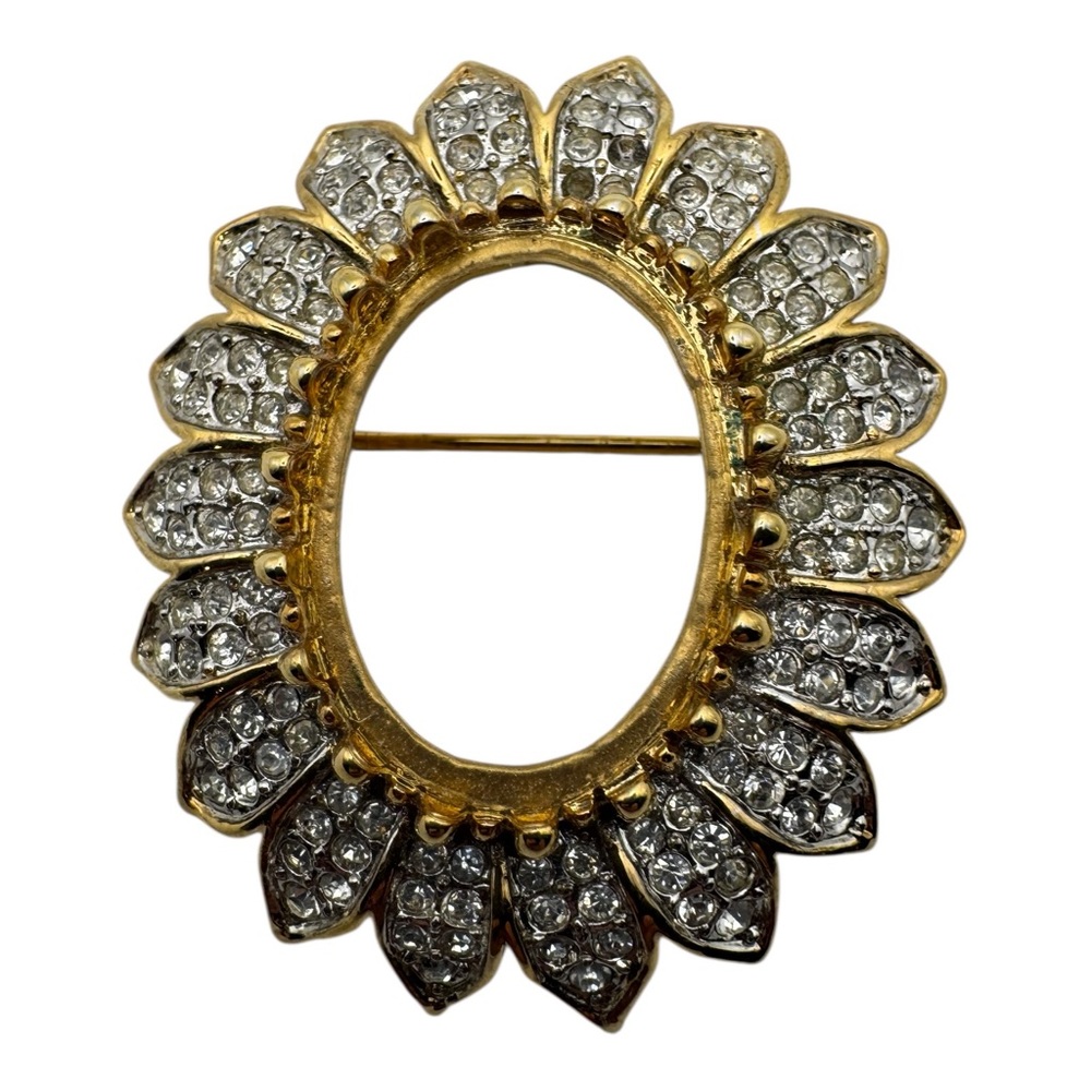 Vintage Gold Tone Rhinestone‎ Sunburst Circle Brooch Pin 1.5” Marked With Number